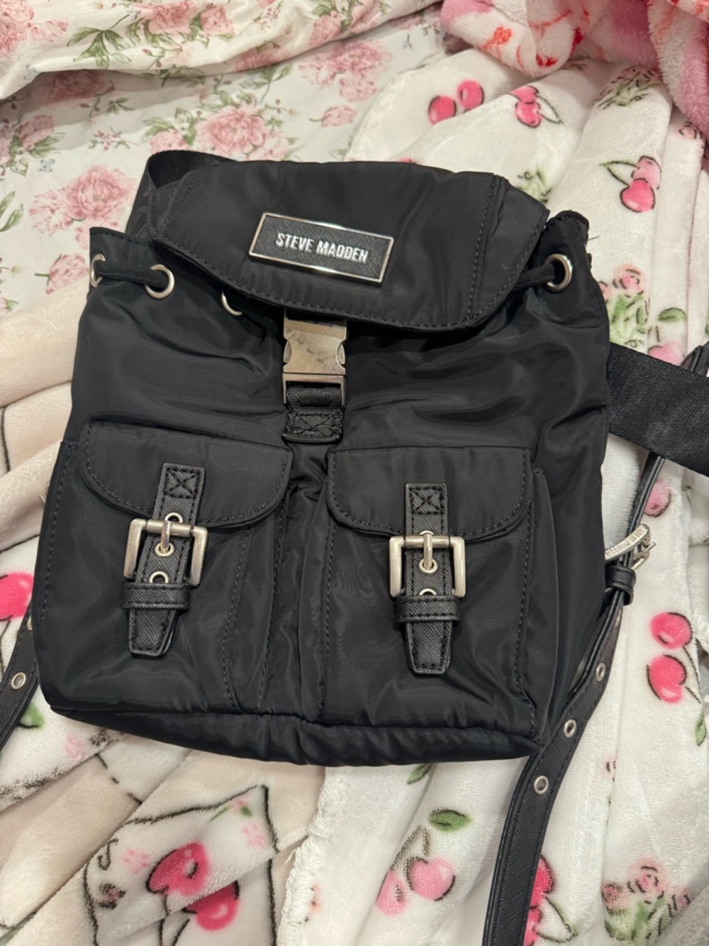 Steve Madden Black Nylon Drawstring Pocket Backpack with Buckles